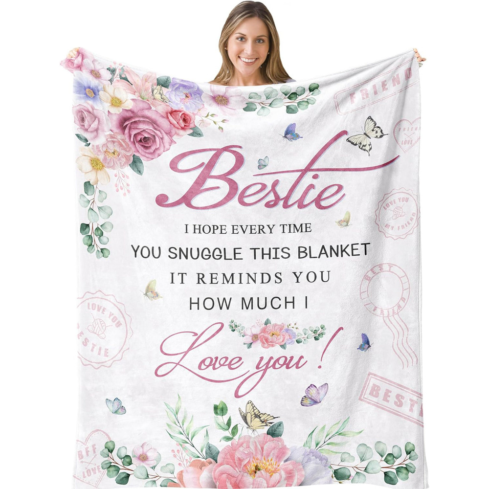 Personalized Bestie Flower Butterfly Blanket Birthday Gift For Best Friend Throw Blankets Custom Flannel Throws Gifts for Bestie Happy Decor.jpg