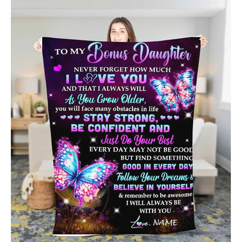 Personalized Blanket For Bonus Daughter Fleece Sherpa Blanket Custom Name Christmas blanket gift, Blanket for daughter, blanket with name 1.jpg