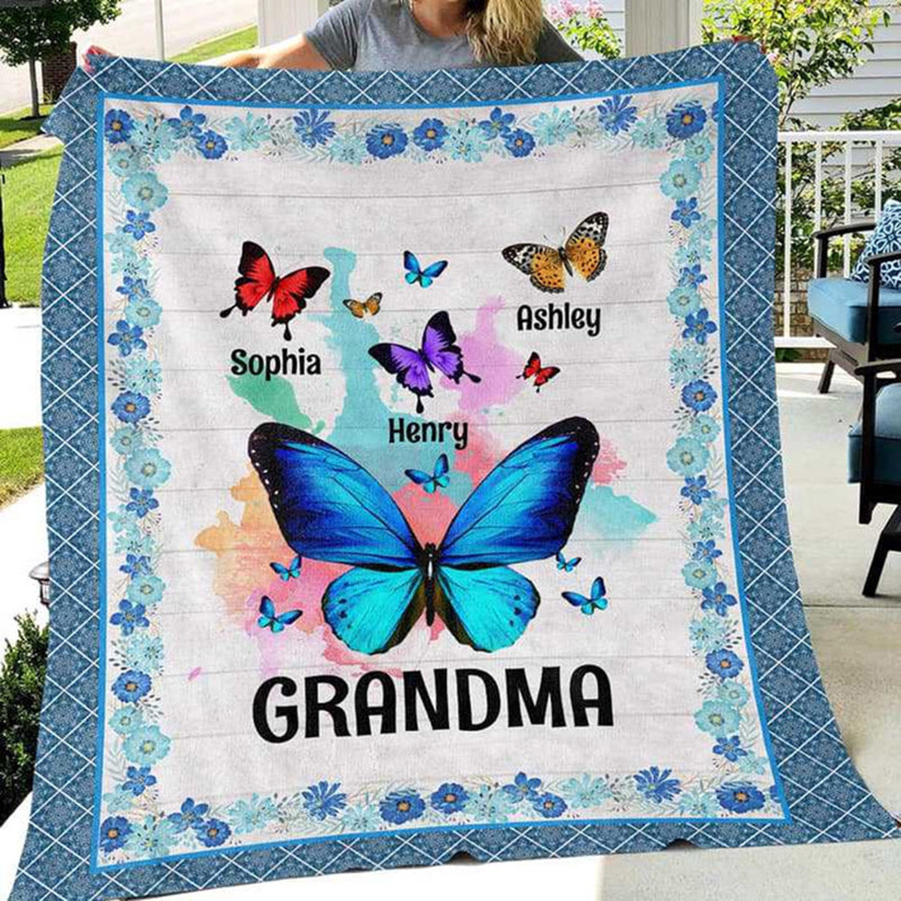 Personalized Grandma Butterflies & Flower Blanket Custom Fleece Blanket Birthday Gifts From Granddaughter Grandson For Grandma Happy Decor.jpg
