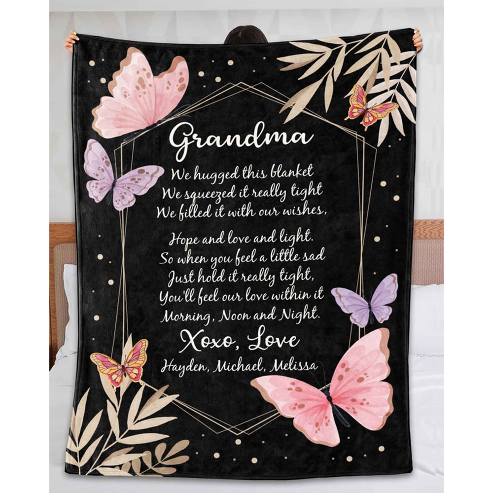 Personalized Grandma Colorful Butterfly Flower Blanket Fleece Blanket Birthday Gifts From Granddaughter And Grandson For Grandma Happy Decor.jpg