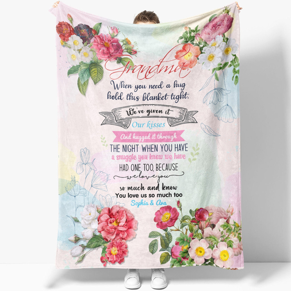 Personalized Grandma We Love You Flower Blanket Custom Fleece Blanket Birthday Gifts From Granddaughter And Grandson For Grandma Happy Decor.jpg