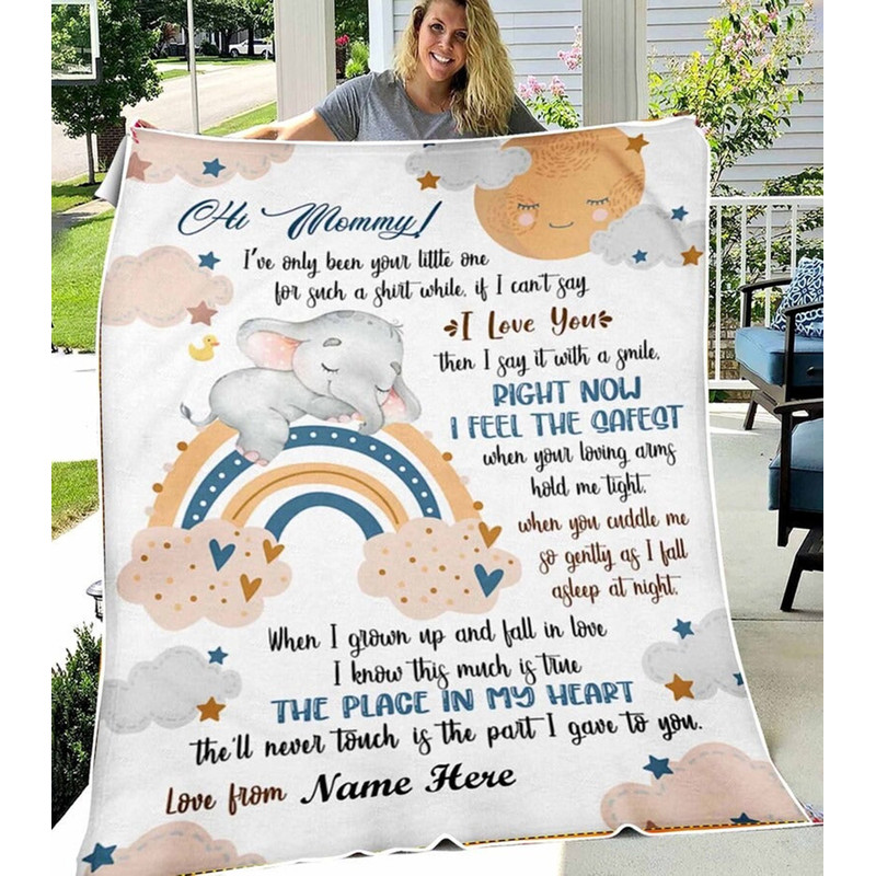 Personalized Hi Mommy Elephant Rainbow Blanket Custom Name Fleece Blanket Mother's Day Birthday Gifts For Mom From Daughter Happy Decor.jpg