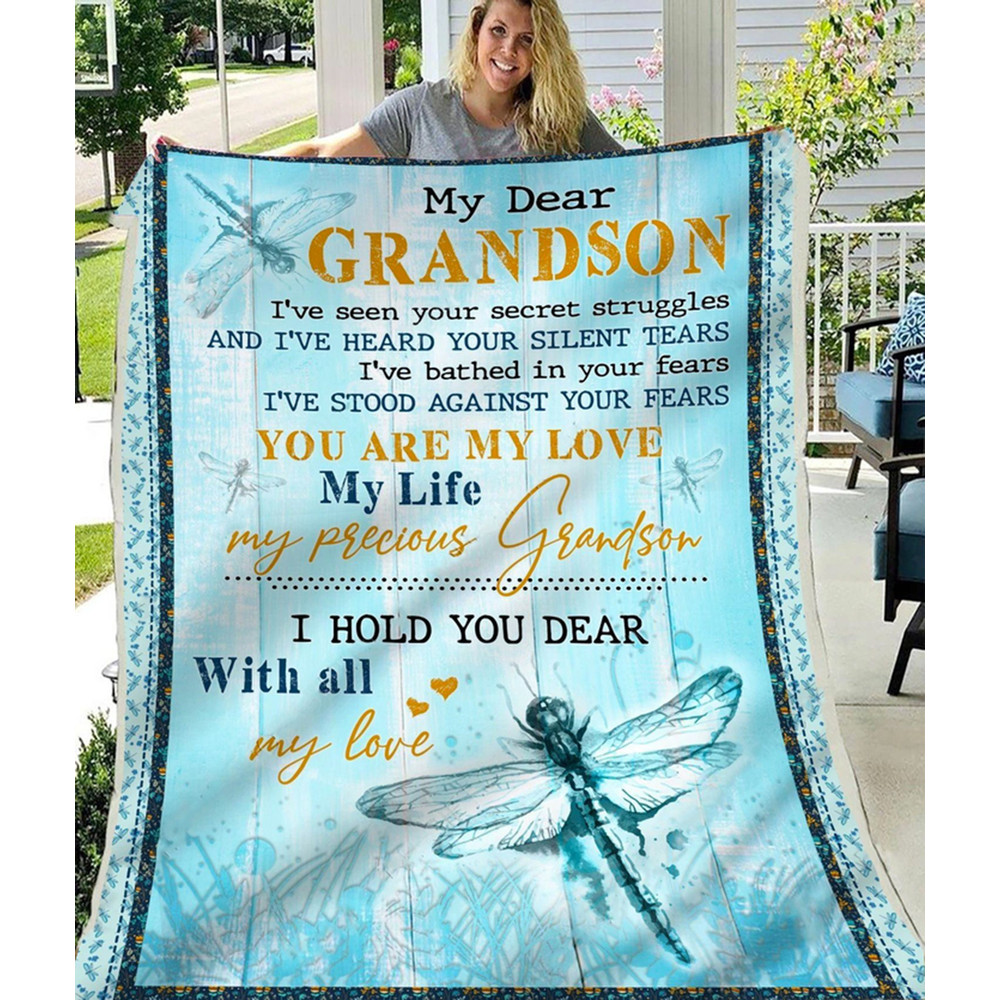 Personalized My Dear Grandson Dragonfly Blanket Blue Wooden Custom Fleece Blanket Birthday Gifts From Grandma For Grandson Happy Decor.jpg