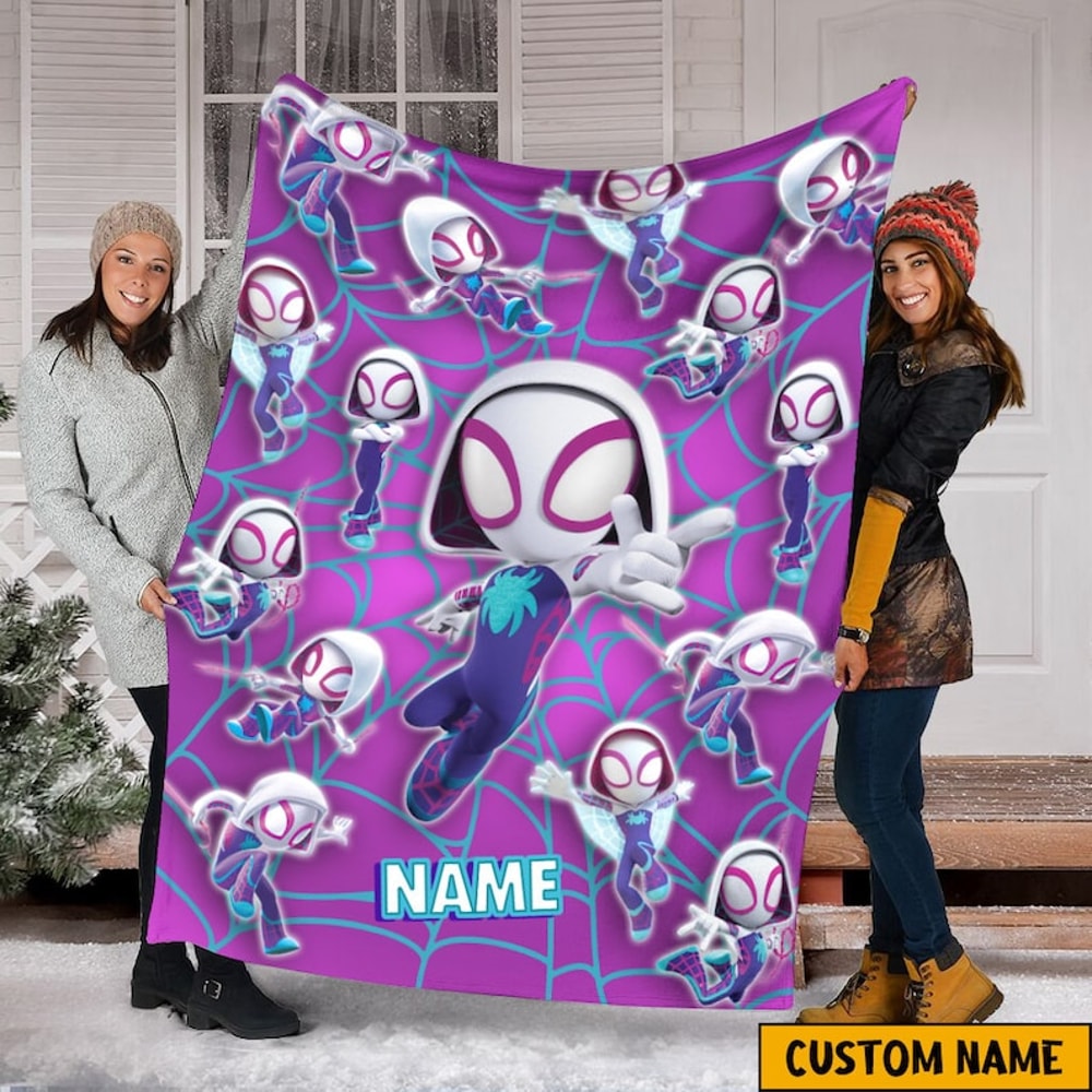 Personalized Name Spider Gwen Blanket, Spidey and His Amazing Friends Blanket, Spiderman Blanket, Cartoon Spidey Fleece Mink Sherpa Blanket1.jpg