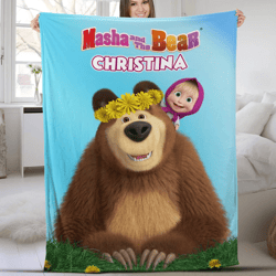 custom name marsha and bear blanket, cute bear velvet blanket, marsha bear sofa blanket, cute cartoon blanket