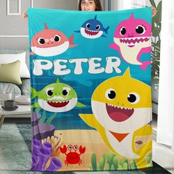 personalized baby shark fleece blanket, baby shark family blanket, baby shark throw blanket for couch sofa