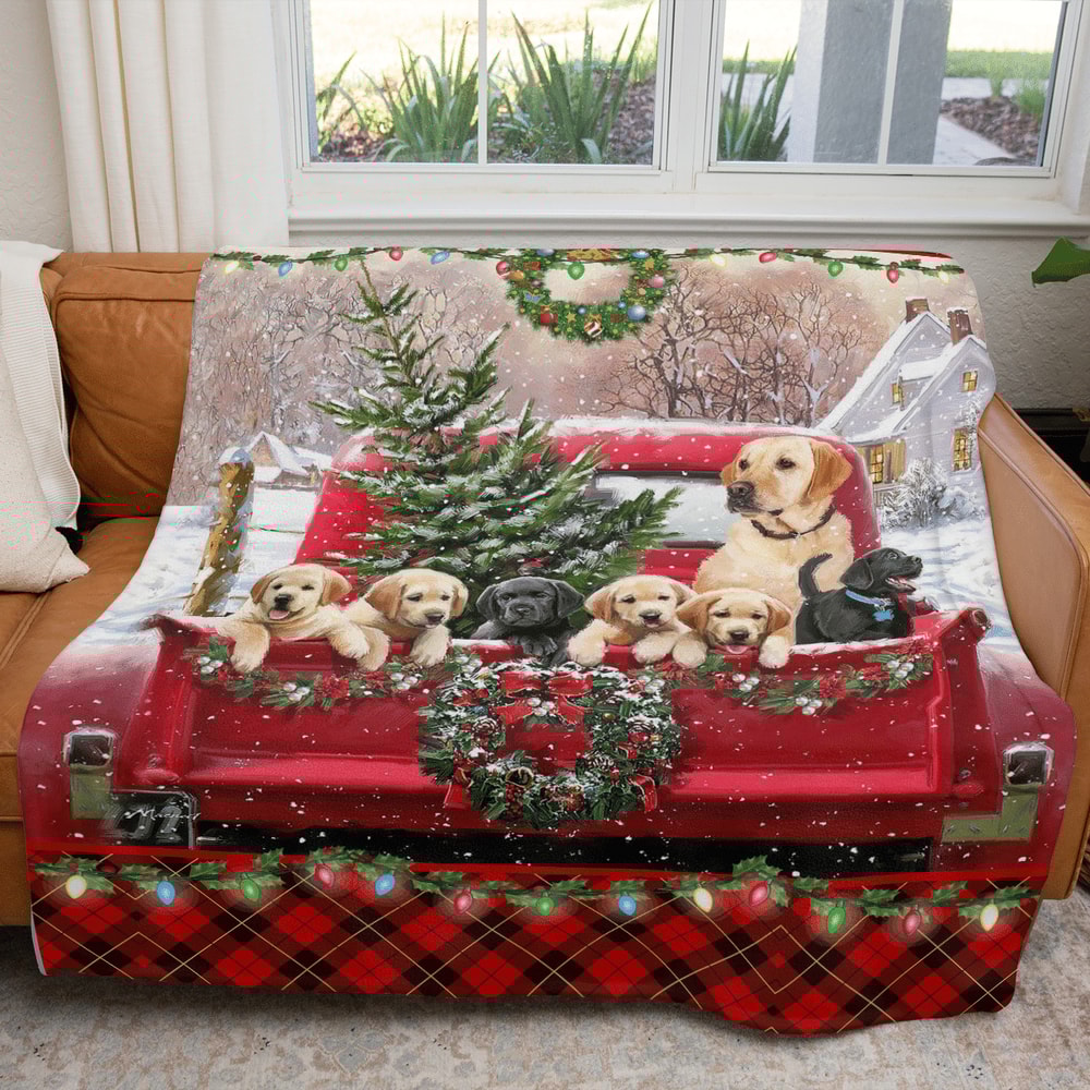 Merry Christmas dog in red truck Sherpa Fleece Quilt Blanket BL1224 - Wisdom Teez.png