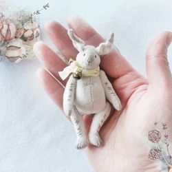 Teddy Bunny collectible art miniature, Adorable animal toy, Adult collector stuffed doll, Decorative Art Doll