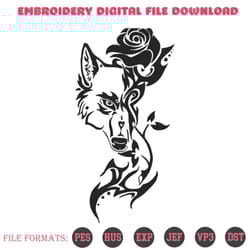 wolf and rose embroidery designs file, wolf machine embroidery