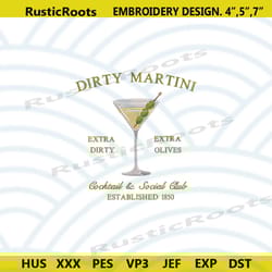 dirty martini embroidery download, martini embroidery files, 1850 cocktail social club embroidery design download instan