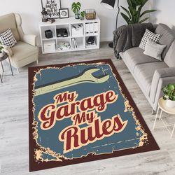 garage decor rug, my garage my rules tools themed automotive art perfect for workshop or mechanic spaces custom garage