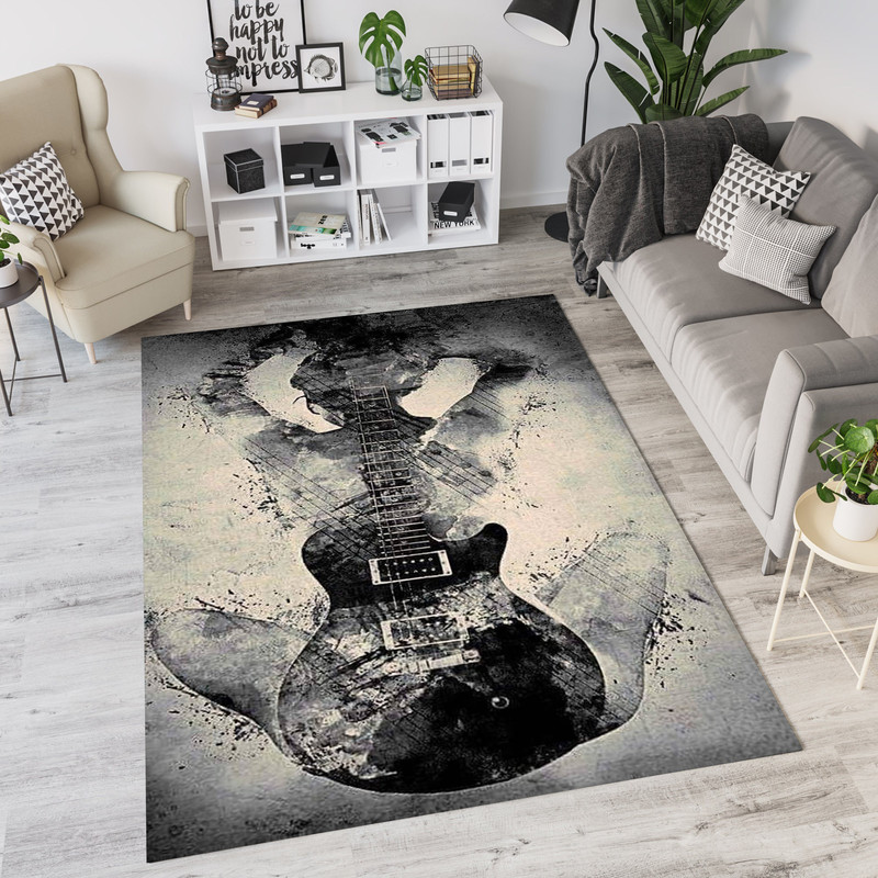 Guitar and Woman Black Pencil Drawing Artistic Design Elegant Rug, Musician Decor Rug, Electro Guitar Rug,Music Room Rug.jpg