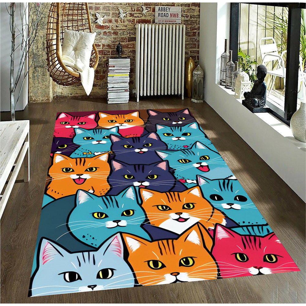 Cats Painting Rug,Cat Pattern Rug,Cute Animals Rug,Home Decor Rug,Unique Pet Rug,Vibrant rug,Decorative Cat Rug,Animal Rug,Cat Mat,Kidsroom.jpg
