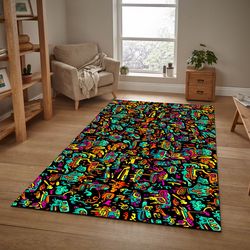colorful graffiti patterned hypebeast carpet, cool painting rugative design rug, colorful plush rug, modern personal