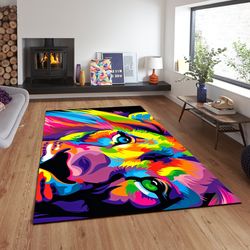 colorful lion graffiti patterned hypebeast carpet, cool painting rugative design rug, animall plush rug, modern rug