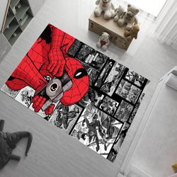 cartoon rug,spiderman rug,spiderman pattern rug,blue and red rug,play rug,kids room rug,boys rug,soft rug,funny rug,deco