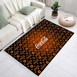 coca cola rug, coca cola written rug, modern rug, brown rug, black rug, living room rug, kitchen rug, kitchen decor, bed