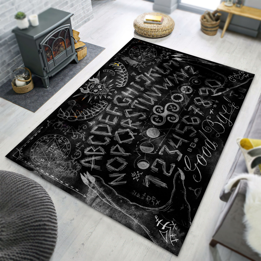 Black Ouija Area Rug, Witchy Spirit Board Mat, Satanic Evil Decor, Gothic Room Design Carpet, Pentacle.jpg