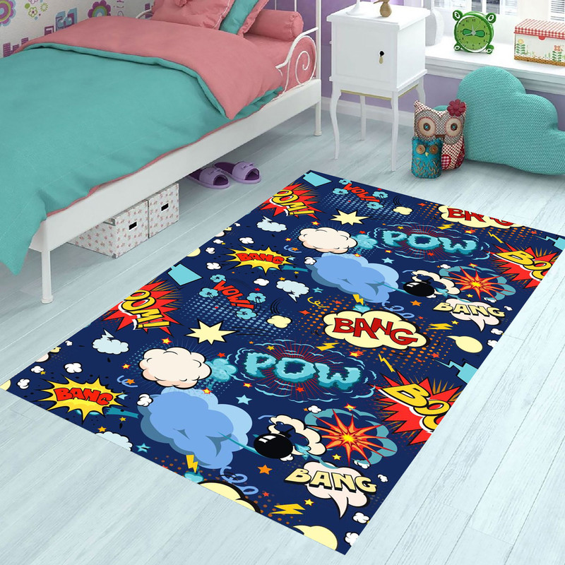 Cartoon Drawing,Bang Wriiten Rugs,Pow Text,Colorful Rugs,Blue Rug,Written Rugs,teens room rug,kids room rug,gift for son,gift for teens.jpg