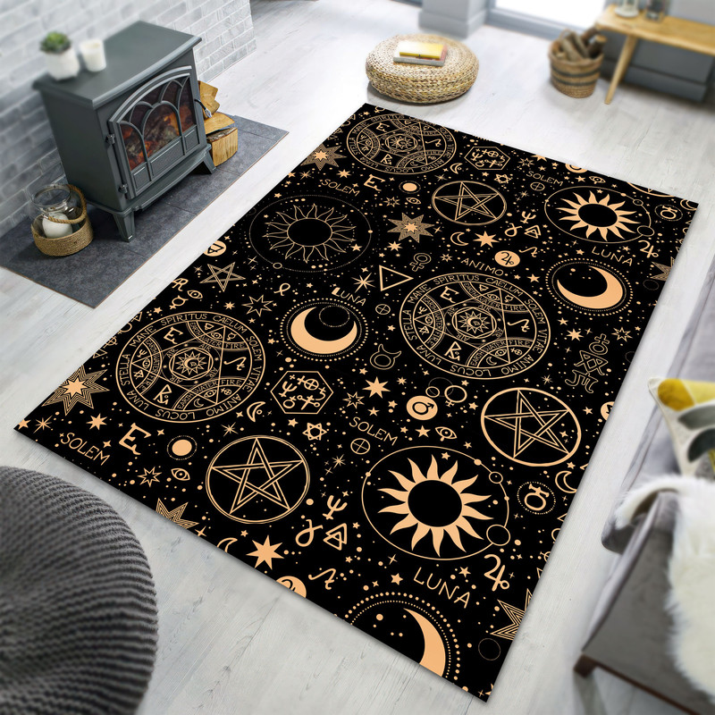 Esoteric Gold Area Rug, Mystic Style Halloween Carpet, Magical Sybol, Shiny, Gift.jpg