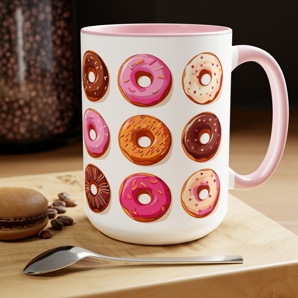 Donut Large Two-Tone 15oz Coffee Mugs, Dessert Donut Coffee Mug, Cute Graphic Mug, Yummy Food Dessert, Donut Lover Mug, Coffee Lover Mugs.jpg