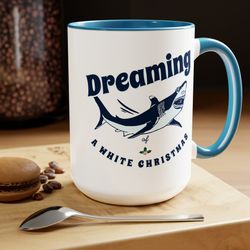 great white shark christmas coffee mug, dreaming of a white christmas, shark coffee mug