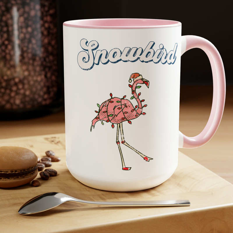 Snowbird Christmas gift, 15 oz Coffee Mug, Pink Flamingo Mug, coffee lover Christmas Lights Mug, Christmas Holiday snowbird Gift.jpg
