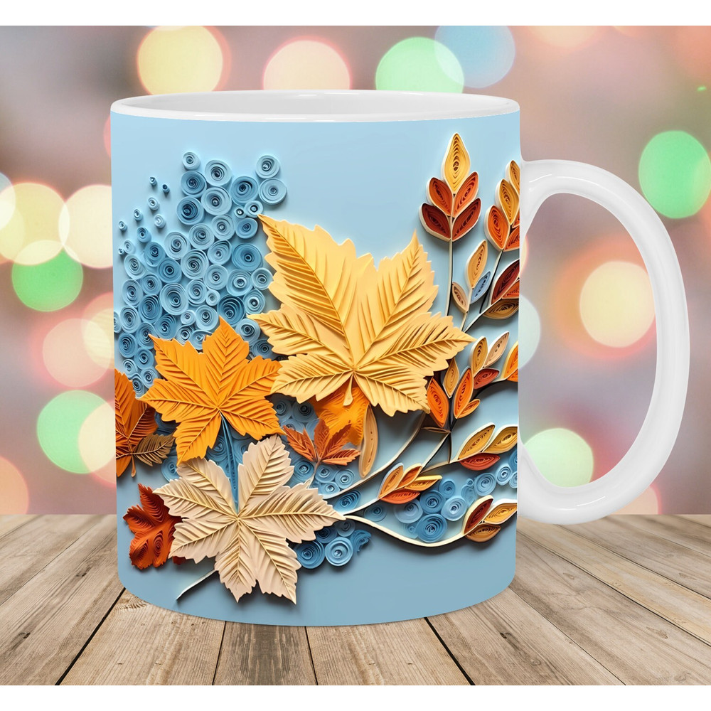 3D Autumn Maple Leaves Mug Wrap, 11oz And 15oz Mug Template, Mug Sublimation Design, Mug Wrap Template, Instant Digital Download PNG.jpg