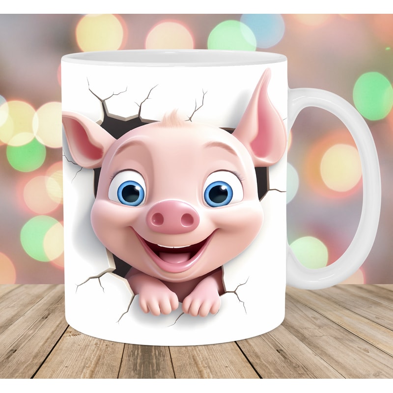 3D Baby Pig Mug Wrap, 11oz And 15oz Mug Template, Hole In A Wall Mug Sublimation Design, Piglet Mug Template, Instant Digital Download PNG.jpg