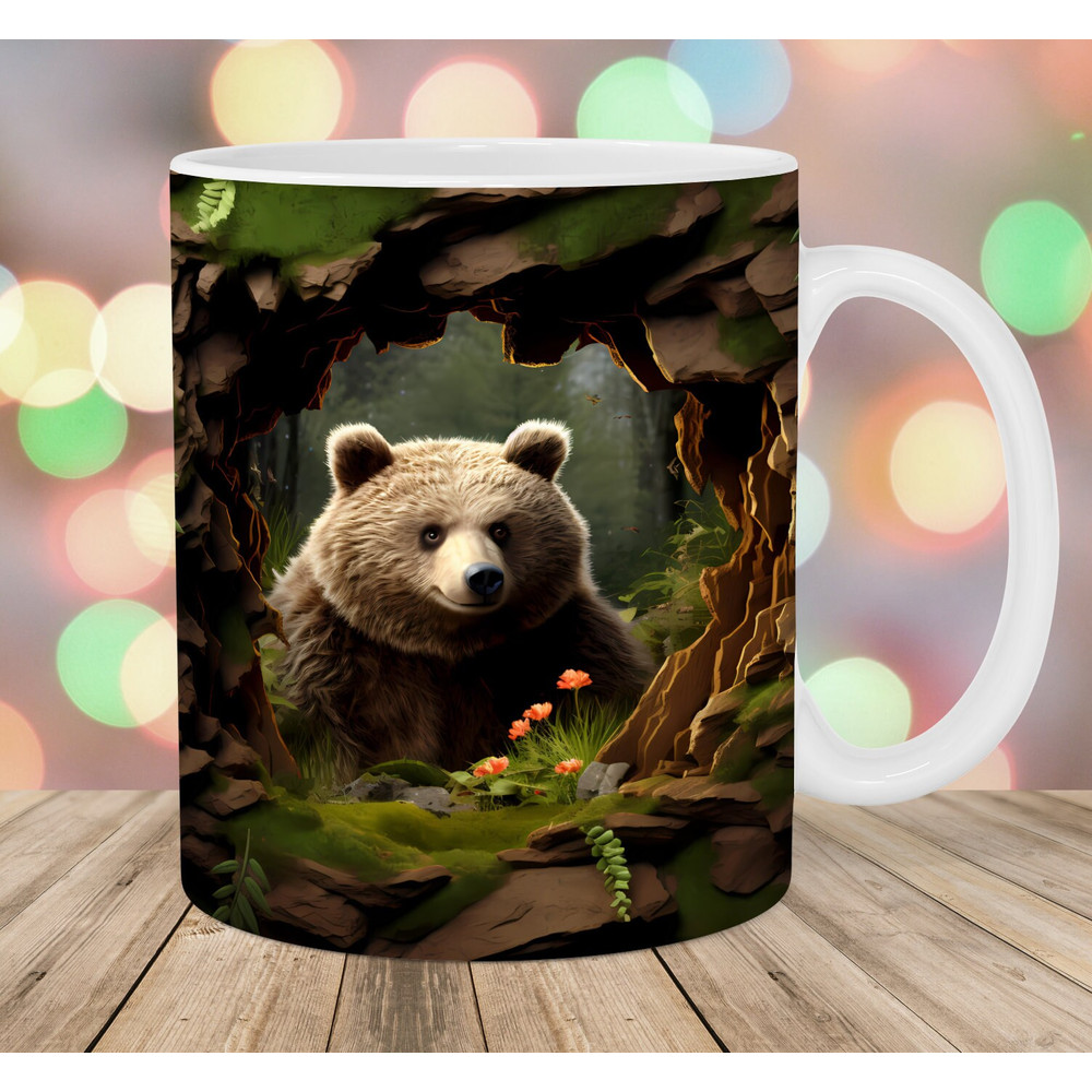 3D Bear Hole In A Wall Mug Wrap, 11oz & 15oz Mug Template, Mug Sublimation Design, Forest Mug Wrap Template, Instant Digital Download PNG.jpg