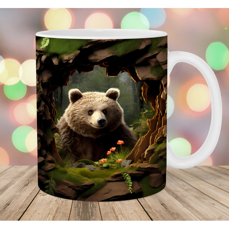 3D Bear Hole In A Wall Mug Wrap, 11oz & 15oz Mug Template, Mug Sublimation Design, Forest Mug Wrap Template, Instant Digital Download PNG.jpg