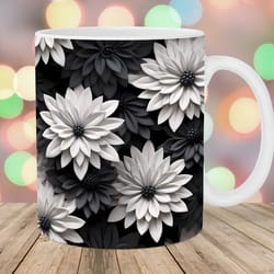 3d black white flowers mug, 11oz and 15oz mug, mug design