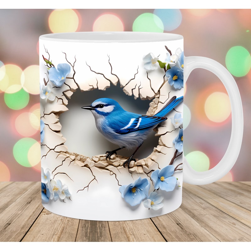 3D Blue Bird Hole In A Wall Mug Wrap, 11oz & 15oz Mug Template, Mug Sublimation Design, Mug Wrap Template, Instant Digital Download PNG.jpg
