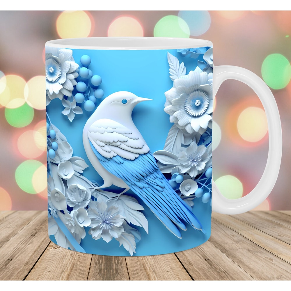 3D Blue Bird Mug Wrap, 11oz And 15oz Mug Template, Flowers Mug Sublimation Design, Mug Wrap Template, Instant Digital Download PNG.jpg