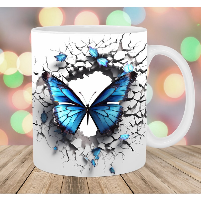 3D Blue Butterfly Mug Wrap, 11oz & 15oz Mug Template, Mug Sublimation Design, Hole In A Wall Mug Wrap Template, Instant Digital Download PNG.jpg