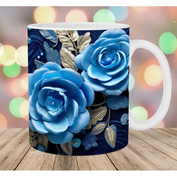 3D Blue Gold Roses Mug Wrap, 11oz And 15oz Mug Template, 3D Mug Sublimation Design, Flowers Mug Wrap Template, Instant Digital Download PNG.jpg