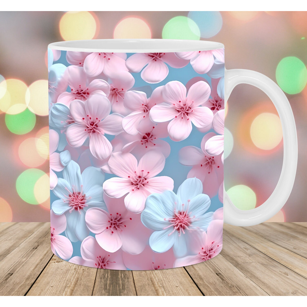 3D Blue Pink Cherry Blossom Mug Wrap, 11oz And 15oz Mug Template, Mug Sublimation Design, Mug Wrap Template, Instant Digital Download PNG.jpg