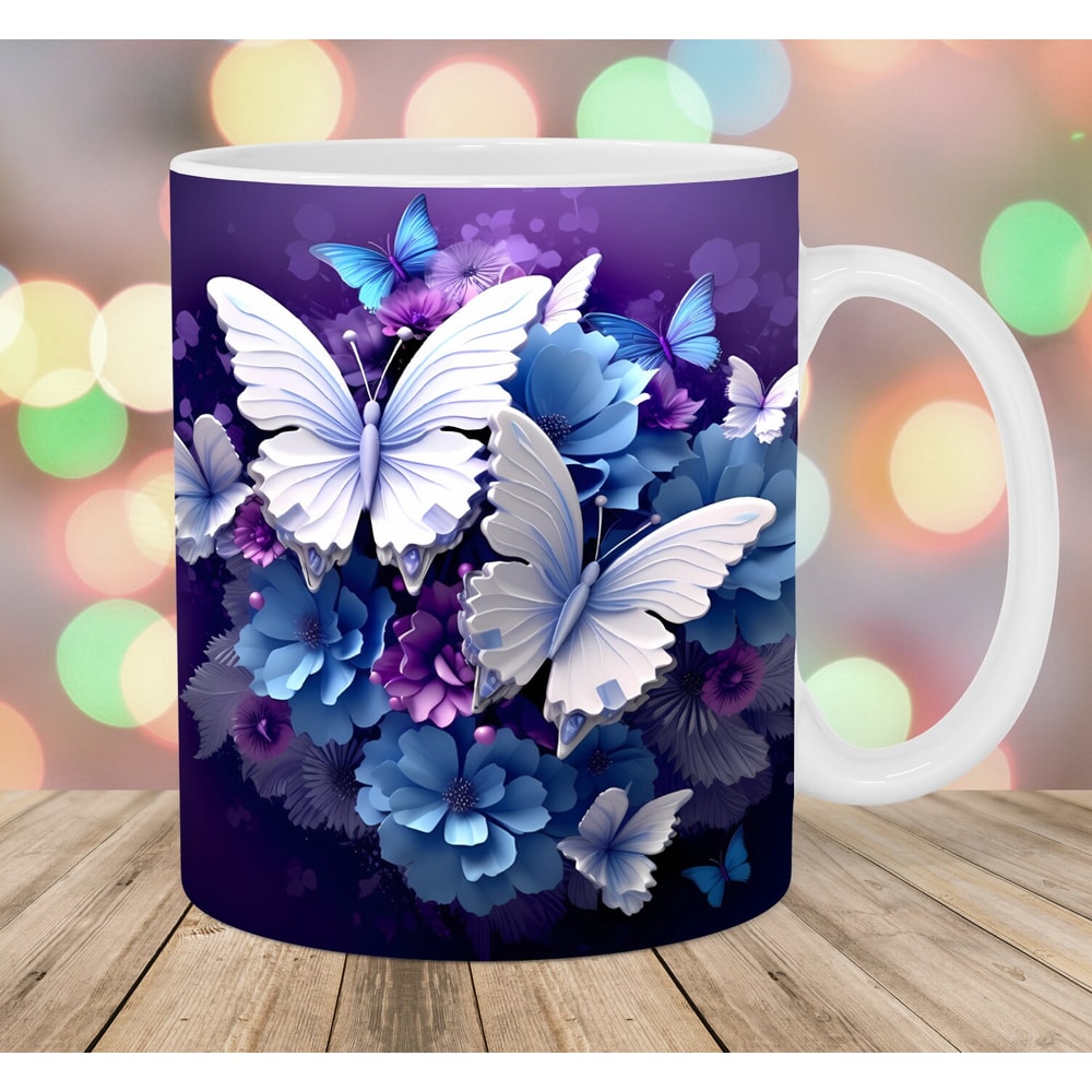 3D Blue Purple Flowers Butterflies Mug Wrap, 11oz & 15oz Mug Template, Mug Sublimation Design, Mug Template, Instant Digital Download PNG.jpg