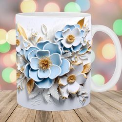 3d blue white gold flowers mug, 11oz and 15oz mug, 3d mug design