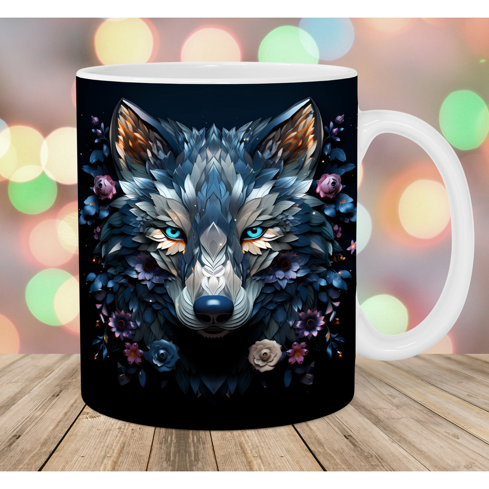 3D Blue Wolf Mug Wrap, 11oz And 15oz Mug Template, Mug Sublimation Design, Flowers Mug Wrap Template, Instant Digital Download PNG.jpg
