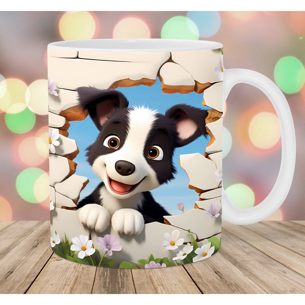 3D Border Collie Mug Wrap, 11oz & 15oz Mug Template, Hole In A Wall Mug Sublimation Design, Mug Wrap Template, Instant Digital Download PNG.jpg