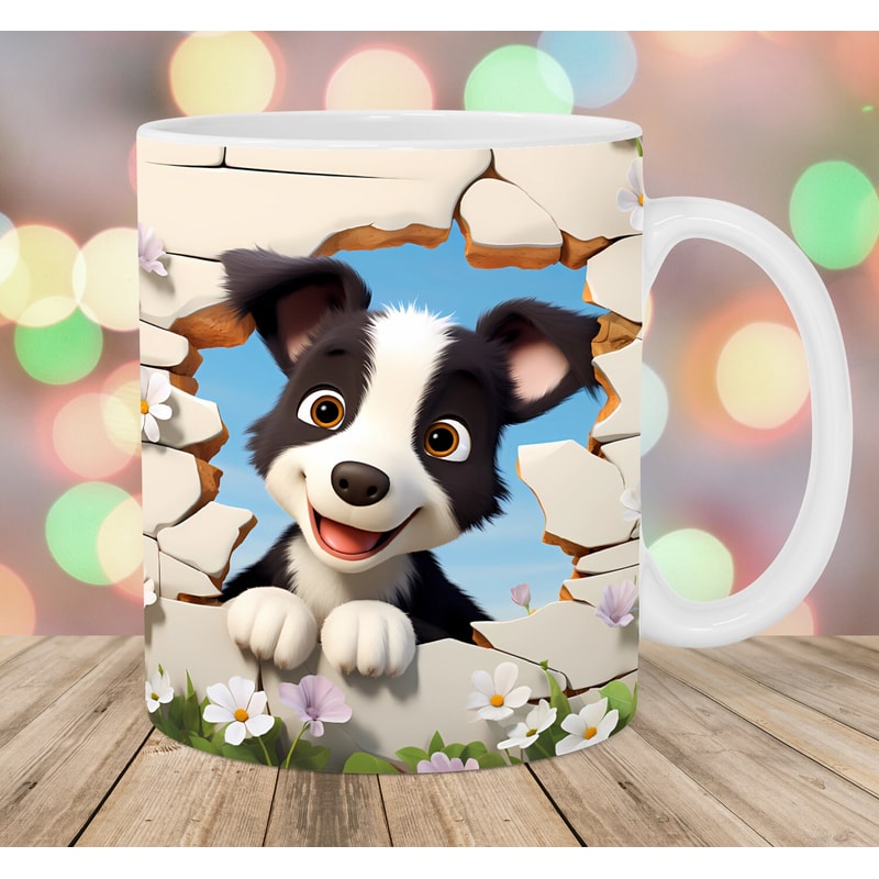 3D Border Collie Mug Wrap, 11oz & 15oz Mug Template, Hole In A Wall Mug Sublimation Design, Mug Wrap Template, Instant Digital Download PNG.jpg