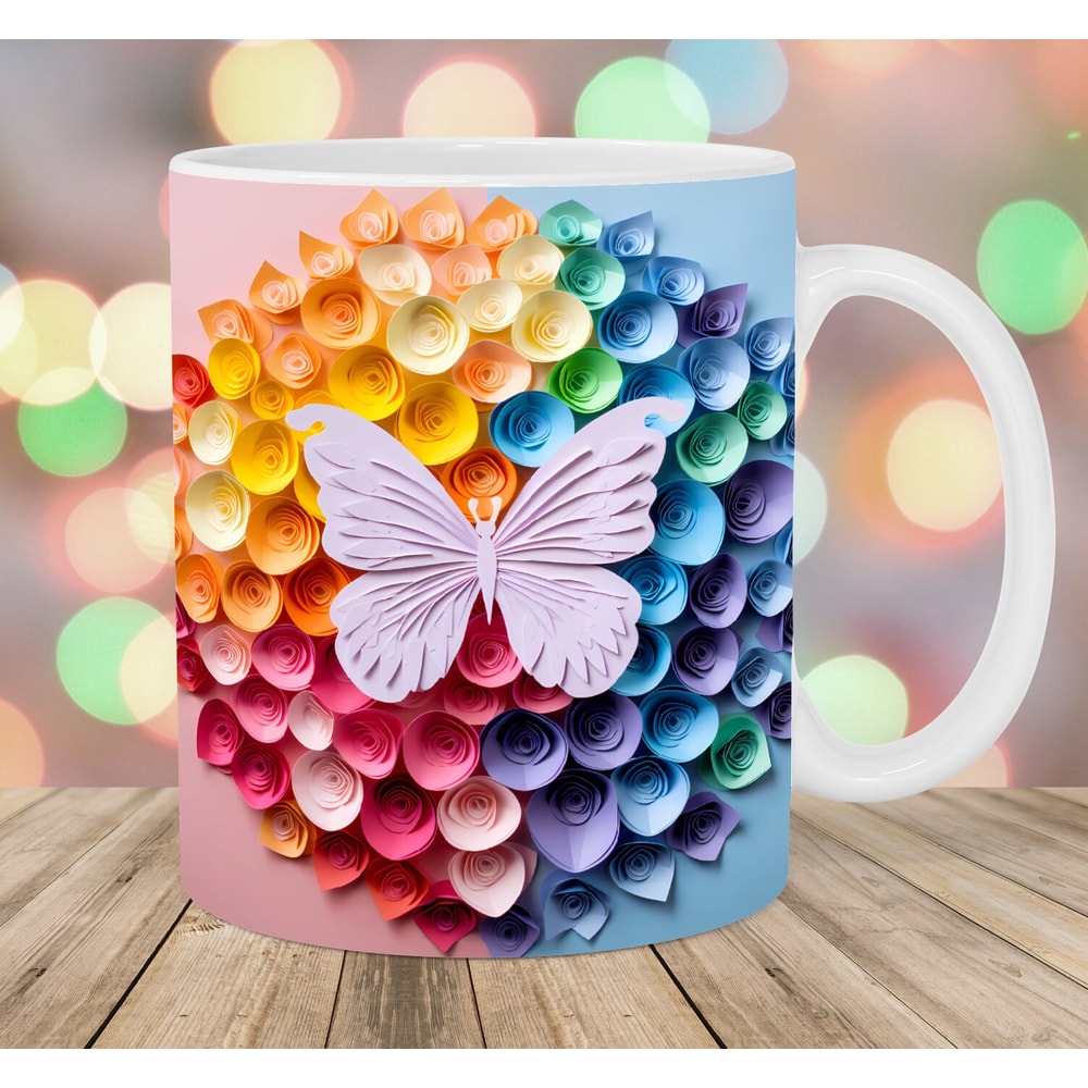 3D Butterfly Mug Wrap, 11oz And 15oz Mug Template, Mug Sublimation Design, Colorful Flowers Mug Wrap Template, Instant Digital Download PNG.jpg