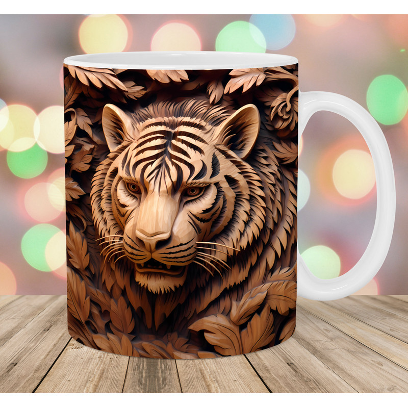 3D Carved Wood Tiger Mug Wrap, 11oz And 15oz Mug Template, Mug Sublimation Design, Mug Wrap Template, Instant Digital Download PNG.jpg