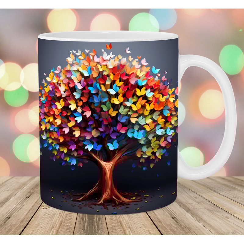 3D Colorful Butterflies Tree Mug Wrap, 11oz And 15oz Mug Template, Mug Sublimation Design, Mug Wrap Template, Instant Digital Download PNG.jpg