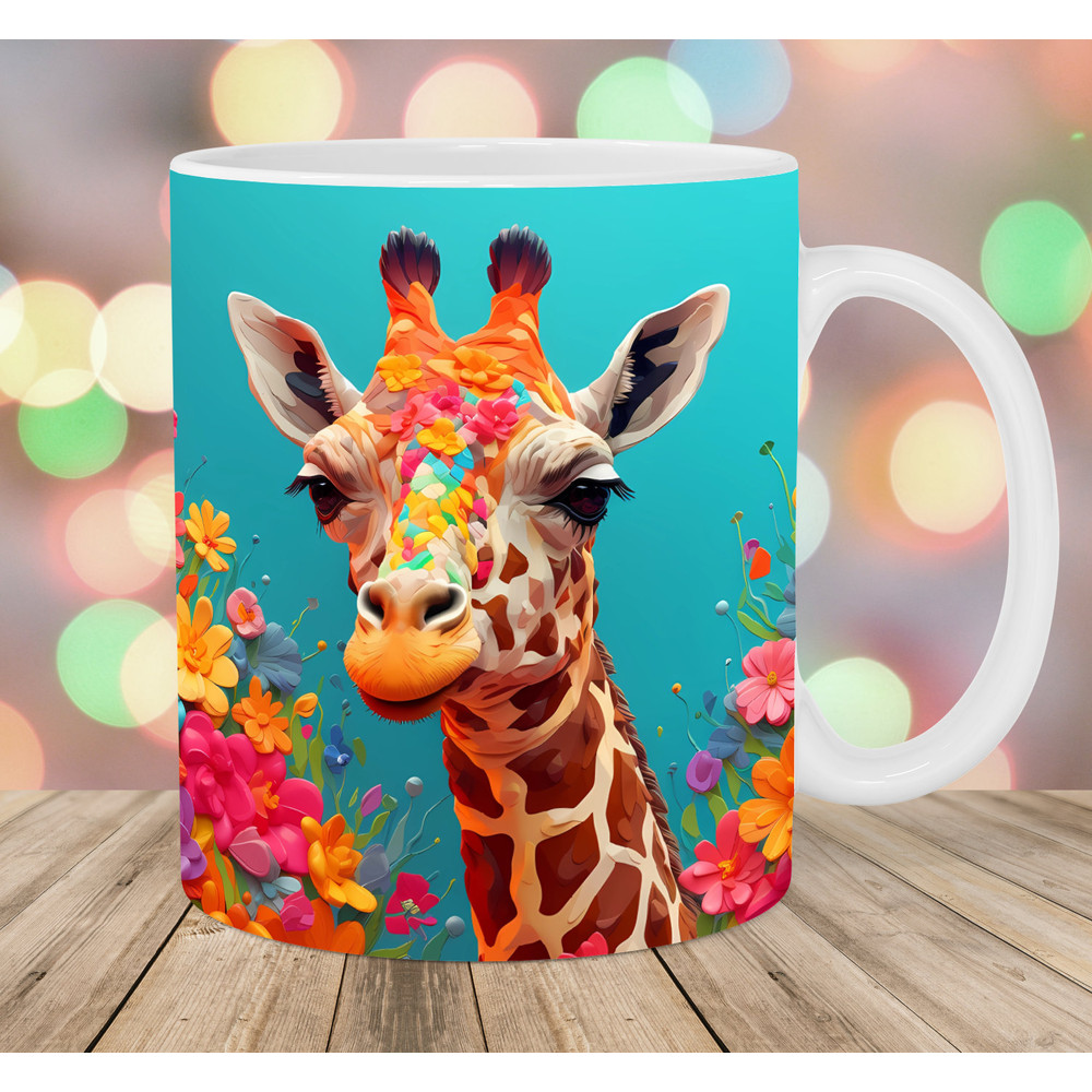 3D Colorful Giraffe Mug Wrap, 11oz & 15oz Mug Template, Mug Sublimation Design, Flowers Mug Wrap Template, Instant Digital Download PNG.jpg