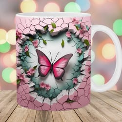 3d crack in a wall pink butterfly mug, 11oz and 15oz mug, flowers mug design
