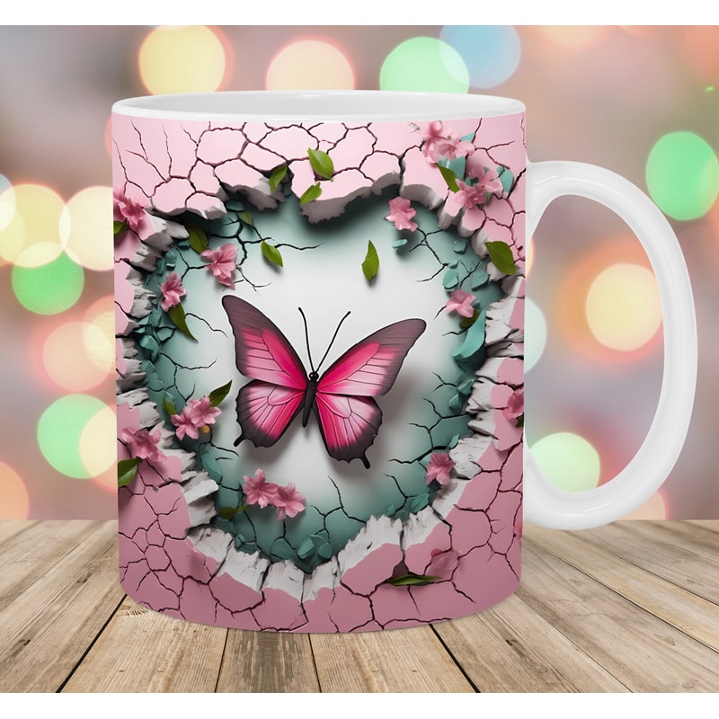 3D Crack In A Wall Pink Butterfly Mug Wrap, 11oz And 15oz Mug Template, Flowers Mug Sublimation Design, Instant Digital Download PNG.jpg