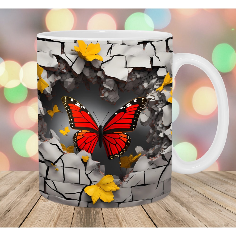 3D Crack In A Wall Red Butterfly Mug Wrap, 11oz & 15oz Mug Template, Mug Sublimation Design, Mug Wrap Template, Instant Digital Download PNG.jpg