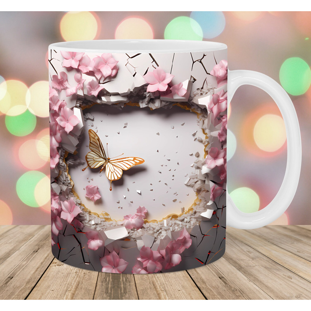 3D Crack In A Wall Rose Gold Butterfly Mug Wrap, 11oz & 15oz Mug Template, Flowers Mug Sublimation Design, Instant Digital Download PNG.jpg